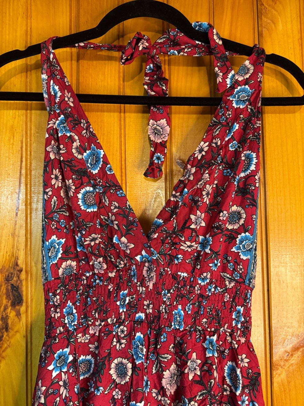 Kohl's Red Floral Halter Maxi Dress with Blue & Cream Border - Picture 2 of 11